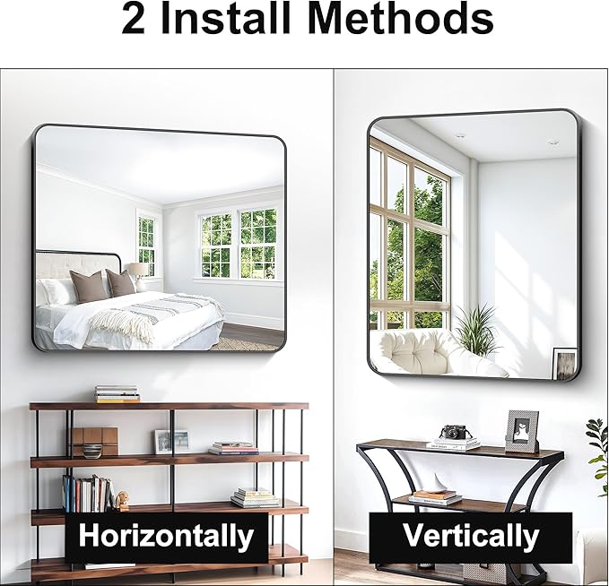 Black Bathroom Mirror,40x48 inch Wall Mirror for Bathroom Wall Mounted,Rectangle Mirror for Bathroom Over Sink,Modern Frame Round Corner for Living Room,Bedroom Entryway,Horizontal/Vertical-StrideForce Fitness