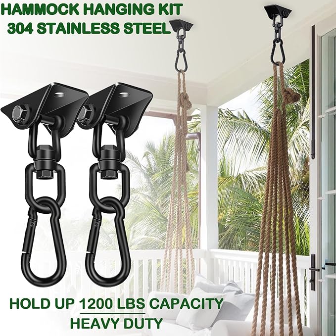 Hammock Hanging Kit, Porch Swing Hanging Kit 1200 Lb Capacity, Hammock Ceiling Hooks Heavy Duty 360°Rotating Hanging Swing Chair Hardware for Hammock Chair Stand, Porch, Yoga, Gym-StrideForce Fitness