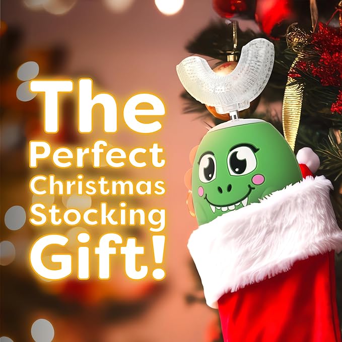 Trueocity Kids U Shape Toothbrush Auto Electric Toddler Rechargeable Kids Automatic Toothbrush | 360° U-Shaped Silicone Brush Head | Gentle Cleaning for Ages 2–7 | Dinosaur Design (Green)
