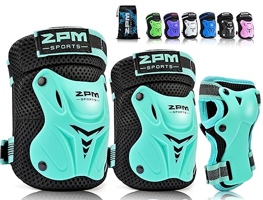 2PM SPORTS Knee Pads for Kids, Wrist Guards Knee and Elbow Pads Set with Drawstring Bag, Protective Gear Set for Girls Boys Roller Skating Cycling Skateboard - Mint Medium-StrideForce Fitness