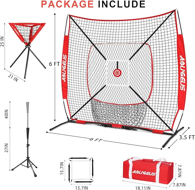 6'X6' Baseball Softball Practice Net with Batting Tee and Ball Caddy, Bonus Strike Zone Target and Bow Frame, for Hitting, Pitching, Catching-StrideForce Fitness
