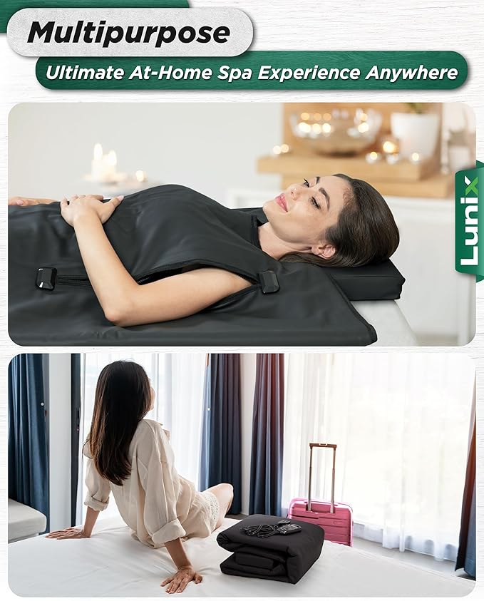 Lunix LX17 Infrared Sauna Blanket for Home, Portable Sauna for Detox, Pain Relief & Recovery, Adjustable 77–176°F Far Infrared Heat with Head Pillow, Detox Wrap & Hot Cold Gel Pack – Jet Black-StrideForce Fitness