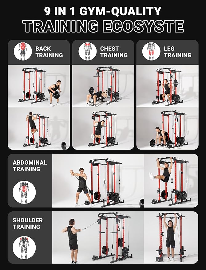 YOLEO Smooth Dual Pulley System Power Cage, 1600LBS Adjustable Cable Crossover Power Rack, Multi-Functional Squat Rack for Home Gym with More Training Attachment-StrideForce Fitness