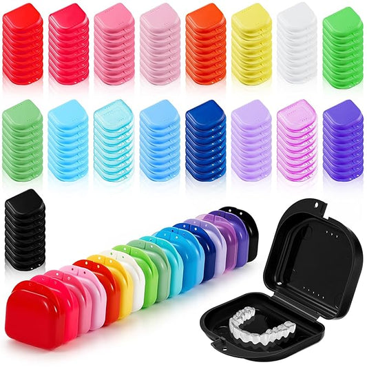 Sherr 120 Pcs Dental Retainer Cases Bulk with Holes 17 Colors Denture Case Mouth Guard Holder False Teeth Container Multicolored Retainer Holder for Travel Office Home