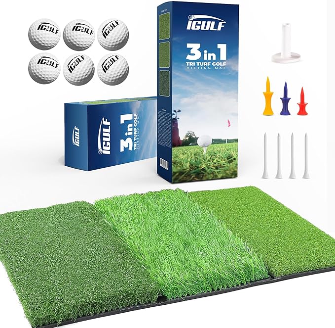 Tri-Turf 3-in-1 Golf Hitting Mat - XL 24"x24" Foldable Practice Pad w/Adjustable Tees, Non-Slip EVA Foam Base, Indoor & Outdoor Use for Chipping, Driving, Swing Training, Backyard or Garage-StrideForce Fitness