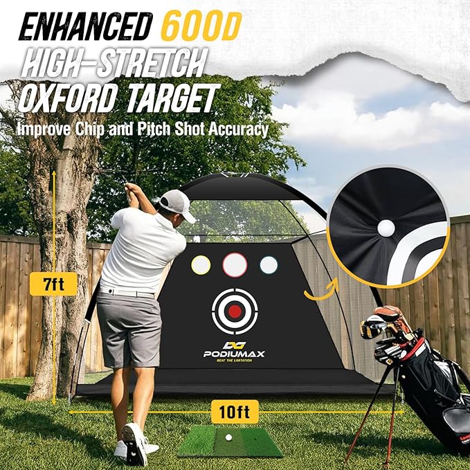 PodiuMax Golf Net, 10x7ft Golf Practice Net and Mat, Noise Reduce Target, 5 Balls, 4 Sandbags, Tee, Carry Bag, Hitting Nets for Backyard Garage, Indoor Driving Chiping, Gift for Men & Golfers-StrideForce Fitness