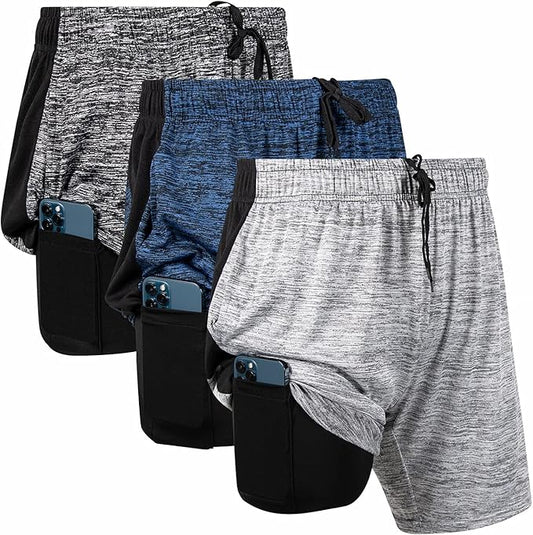 Ultra Performance 3 Pack Mens 2 in 1 Athletic Running Shorts 7 inch Inseam Workout Gym Compression Shorts for Men