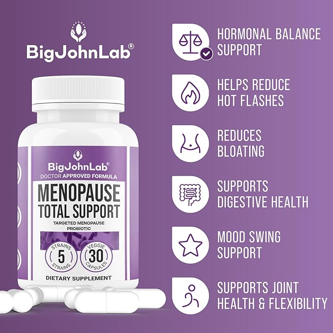 BIGJOHNLAB® - Menopause Total Support – Advanced Probiotic Formula with 5 Strains & 15 Billion CFU, Resveratrol, Black Cohosh, Acacia Fiber, Non-GMO & 100% Vegetarian-StrideForce Fitness
