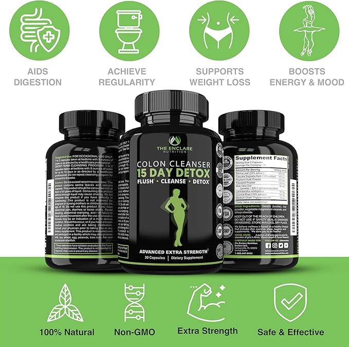 THE ENCLARE NUTRITION Colon Cleanse 15 Day Gut Cleanse Pills. Colon Cleanser for Women & Men. Psyllium, Probiotic Laxatives for Constipation, Bloating Relief, Detox Cleanse for Weight Loss Support (1)-StrideForce Fitness