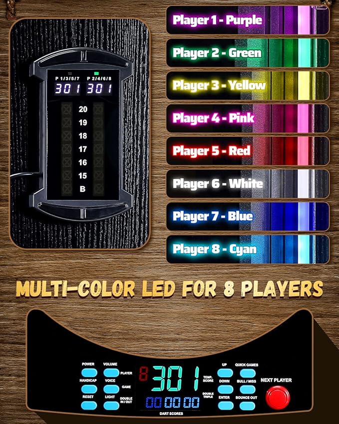 Electronic Dart Board, Electric Dartboard Cabinet Set for Adults [6 Soft Tip Darts] Individual Light Color for Each Player- Wooden Dartboard Cabinet for Family Game [Black]-StrideForce Fitness