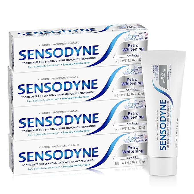 Sensodyne Extra Whitening Toothpaste - Sensitive Teeth & Cavity Prevention | Cool Mint 4oz 4-Pack