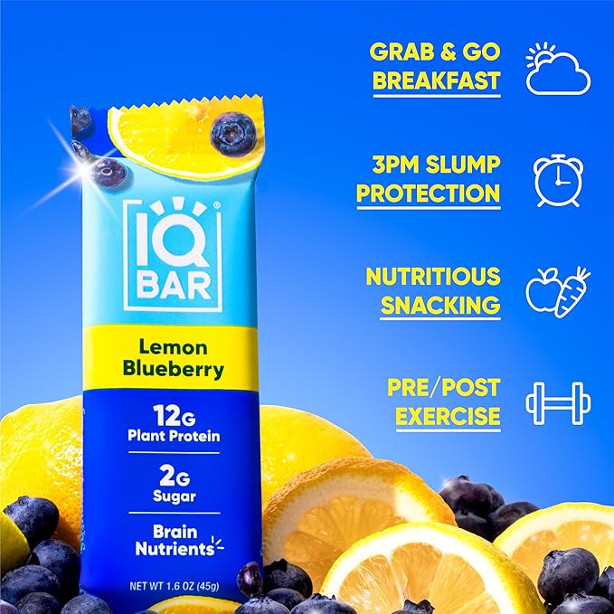 IQBAR Brain and Body Plant Protein Bars - Lemon Blueberry - 12-Count Low Carb - Gluten Free, High Fiber, Vegan Snacks - Low Sugar Meal Replacement-StrideForce Fitness