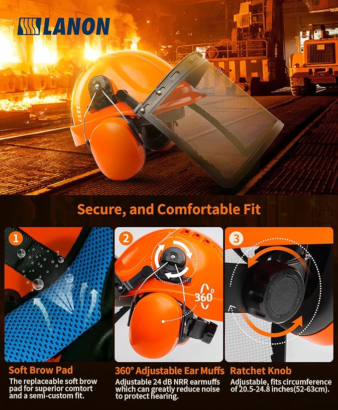 LANON Industrial Forestry Safety Helmet Protection System, ANSI Approved Chainsaw Hard Hats with Adjustable Ear Muffs & Face Shield Visor, 6 Point Adjustable Ratchet Suspension, Class C, Orange-StrideForce Fitness