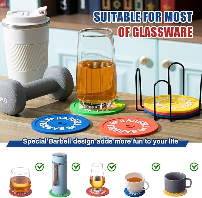 8 Pcs Barbell Bumper Plate Cool Coasters Round Silicone Coasters Weight Plate Coaster with Rack Holder for Gym Lovers Gym Accessories(Colorful)-StrideForce Fitness