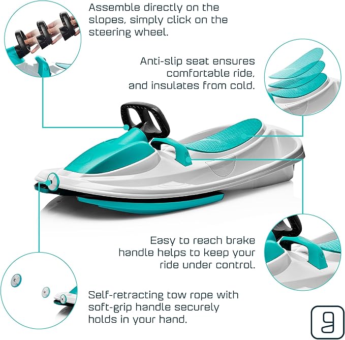Snow Sled for Kids, Adults - Toboggan Sled, Easy Turning Steering Wheel, Anti-Slip Seat, Pull Up Brake, Durable Plastic Sled, Lightweight, Snow Sleds, Age 3+ 260 lbs-StrideForce Fitness