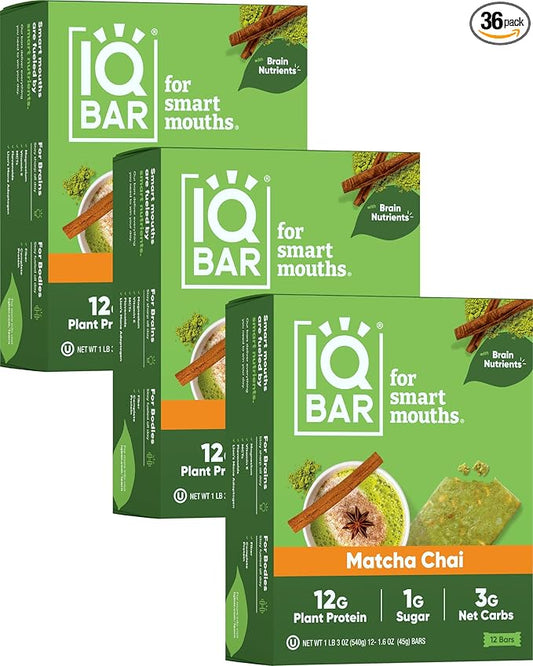 IQBAR Brain and Body Plant Protein Bars - Matcha Chai - 36-Count Low Carb - Gluten Free, High Fiber, Vegan Snacks - Low Sugar Meal Replacement-StrideForce Fitness