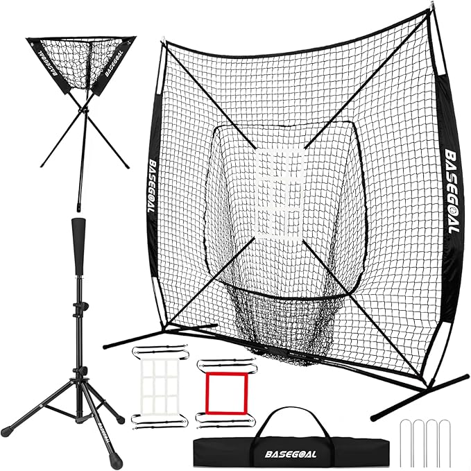 7'×7' Baseball Softball Practice Net,Baseball Backstop,with Batting Tee,Ball Caddy,for Hitting Pitching Batting Catching with Bow Frame,Bonus Strike Zone,Portable and Foldable-StrideForce Fitness