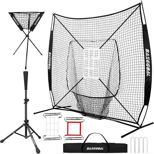 7'×7' Baseball Softball Practice Net,Baseball Backstop,with Batting Tee,Ball Caddy,for Hitting Pitching Batting Catching with Bow Frame,Bonus Strike Zone,Portable and Foldable-StrideForce Fitness
