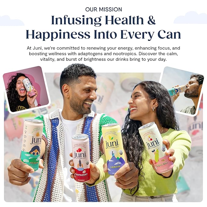 Juni Sparkling Adaptogen Drink with Ashwagandha, Lion’s Mane & Reishi Mushrooms | Green Tea for Focus, Zero Sugar, 5 Calories | Decaffeinated, Non Alcoholic Drinks - Yuzu Pineapple 12 pack-StrideForce Fitness