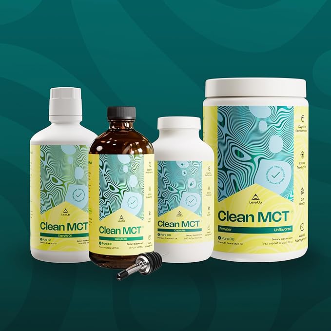 LevelUp Clean MCT Oil - 100% Caprylic C8 for Energy, Focus, Weight Management, Gut Health, Brain Superfuel - Keto Supplement for Ketogenic Coffee and Ketones - Non-GMO (16 oz Glass Bottle)-StrideForce Fitness