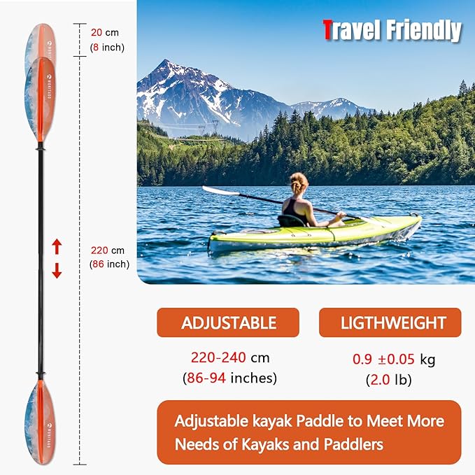 Kayak Paddle Premium Carbon Fiber Paddle with Reinforced PP + Fiberglass Blade, Floating Adjustable Kayaking Oars, 3 Piece, 220-240 cm/86-94 Inches, 240-260 cm/94-102 Inches-StrideForce Fitness