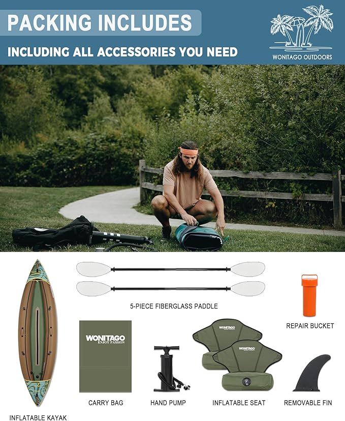 Inflatable Kayak, Portable Ripstop Oxford Cloth Recreational Touring Kayak with Fiberglass Kayak Paddle, Hand Pump and Carrying Bag, 1/2 Person-StrideForce Fitness