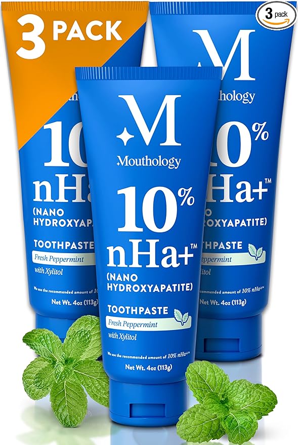 Mouthology 10% Nano Hydroxyapatite Toothpaste (3pk, Fluoride Free), Whitening*, Supports Enamel Care*, Appropriate for Sensitive Teeth*, SLS Free, Xylitol nHA Toothpaste Adults, Mint 4oz (USA Made)