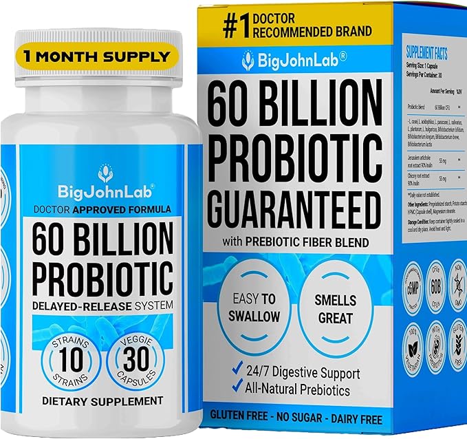 BIGJOHNLAB® Probiotics 60 Billion CFU – 10 Strains + Organic Prebiotics – Immune, Digestive & Gut Health – Supports Occasional Constipation, Diarrhea, Gas & Bloating – for Women & Men – 30ct-StrideForce Fitness