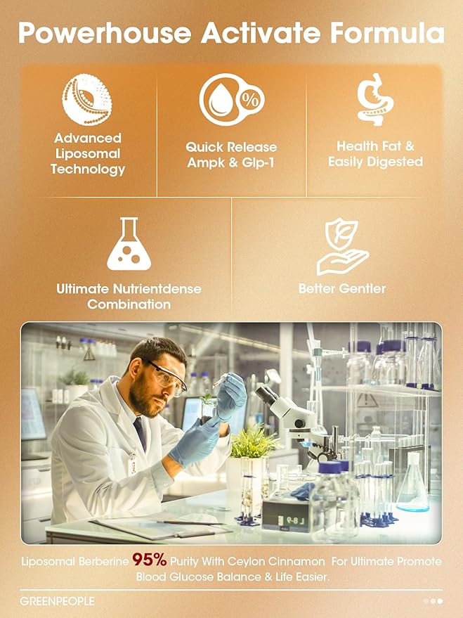 Liposomal Berberine HCL1300mg - Berberine Supplement with Ceylon Cinnamon Activates GLP-1 & AMPK - High Absorption Formula Healthy Weight Support – Non-GMO/Vegan – 30-Day-StrideForce Fitness