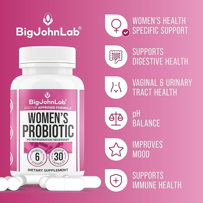 BIGJOHNLAB® - Women's Probiotic Supplement – 50 Billion CFU, 6 Active Strains + Prebiotics – Supports Digestion, Immunity & Wellness – Acid-Resistant, Dairy & Sugar Free, No Refrigeration, 30 Capsules-StrideForce Fitness