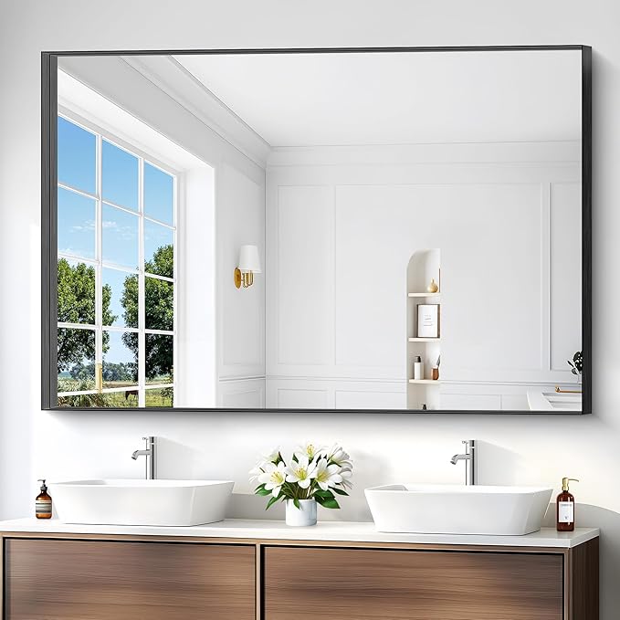 Black Bathroom Mirror, 60x40 Inch Rectangular Framed Mirror, Large Wall Mounted Bathroom Vanity Mirror Over Sink for Bedroom,Restroom, Living Room, Hangs Vertically or Horizontally-StrideForce Fitness