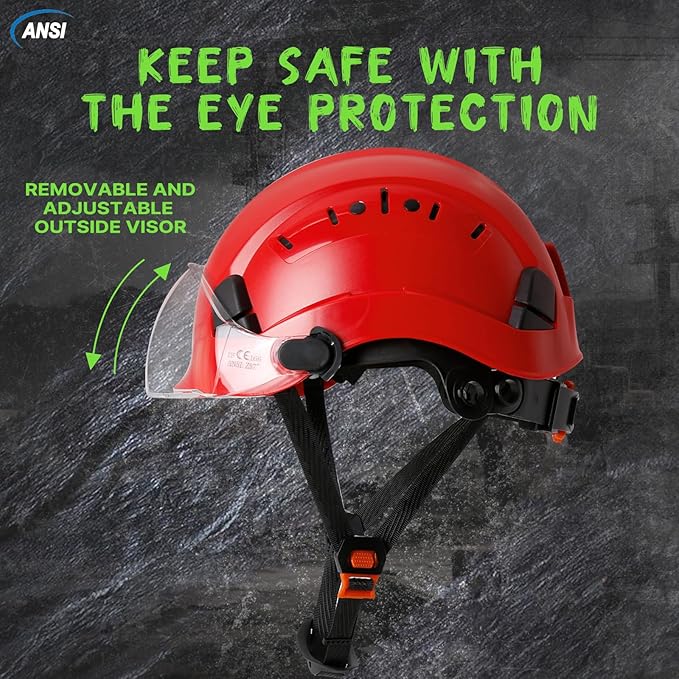 AOLAMEGS Hard Hats Construction OSHA Approved - ANSI Z89.1 Red Safety Hardhats, High Impact ABS Hardhat, Adjustable Vented Construction Worker Hat with Clear Visor, Cascos de Construccion-StrideForce Fitness