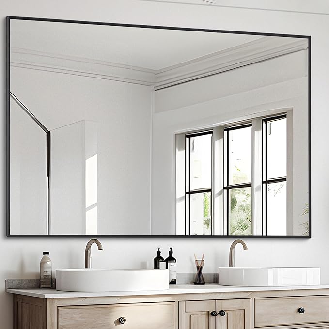 Black Bathroom Mirror for Wall, 36x48 Inch Rectangle Mirrors with Metal Frame, Modern Vanity Wall Mirror Decor for Entryway Hangs, Bathroom Living Room Horizontal or Vertical-StrideForce Fitness