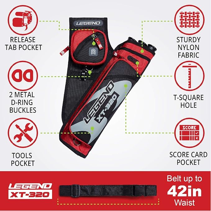 LEGEND XT320 Archery Quivers - Nylon Hip Quivers with 3 Arrow Tube Cases for Target Shooting - Adjustable Waist Belt, T-Slot, Storage Compartments for Accessories, Gear, Tools, Release Tab, Score Card-StrideForce Fitness