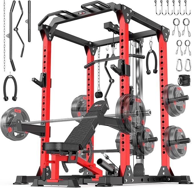 Power Cage Multi-Function Power Rack with Cable Crossover System,1800 LBS Capacity Squat Rack with Weight Bench,for Home Gym-StrideForce Fitness