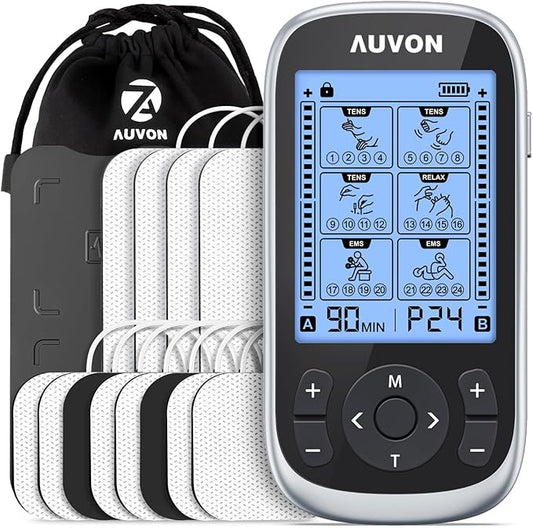 AUVON 3-in-1 TENS Unit Muscle Stimulator, EMS Massage Machine with 40 Intensities for Gradual Shoulder, Sciatica, Back Pain Relief, 24 Modes Rechargeable Electronic Pulse Massager with 12 TENS Pads-StrideForce Fitness
