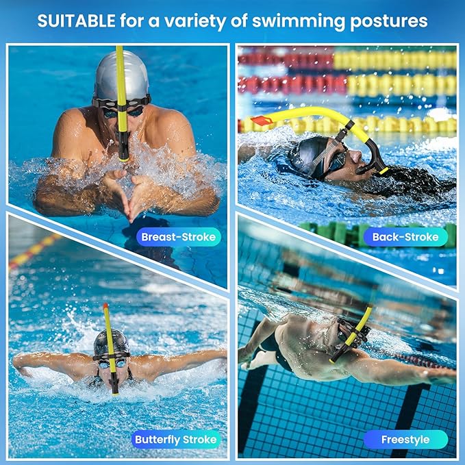 Swimmer's Snorkel for Lap Swimming, Adult Snorkeling Gear Swim Training, Center-Mount Silicone Mouthpiece One-Way Purge Valve in Pool and Open Water-StrideForce Fitness