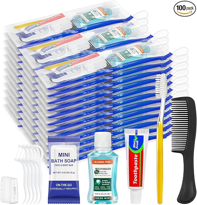 Xuezoioy Personal Hygiene Kit Bulk Pack of 100,Yellow Basic Travel Toiletry Set Disposable Toothbrushes with Toothpaste Mouthwash Floss Comb Cover and Zip Bag for Homeless,Charity,Guests