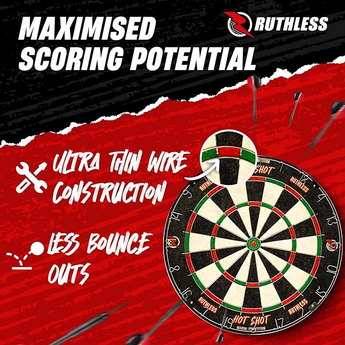 Ruthless Hot Shot Dart Board | Endurance Round Wire Sisal Dartboard Set Including 2 sets of Steel Tip Darts-StrideForce Fitness