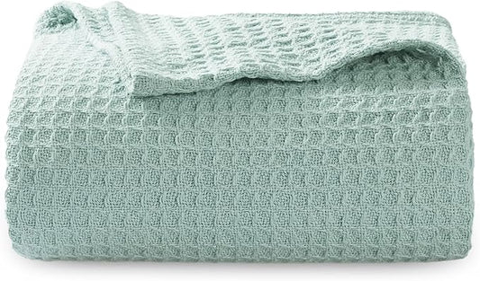 Bedsure 100% Cotton Blanket Twin XL Size for College Dorm - Breathable and Soft, Waffle Weave Twin Blanket for Summer, Dorm Room Essentials, Mint, 66x90 inches-StrideForce Fitness