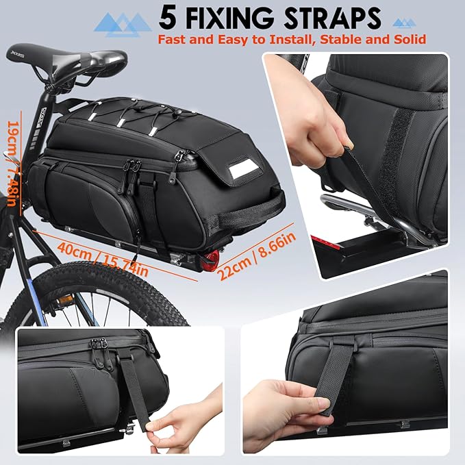 RAINSMORE Bike Bags for Bicycle Rear Rack 15L Waterproof Bike Ebike Trunk Pannier Saddle Bag with Rain Cover Bike Accessories Backpack Shoulder Bag for Commuter Travel Outdoor, Black-StrideForce Fitness
