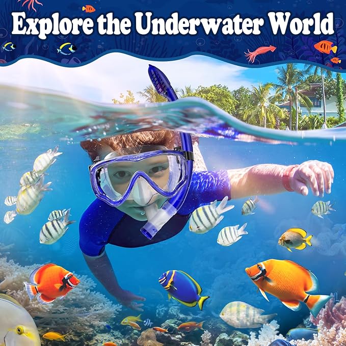 U PHITNIS Kids Snorkel Set for Age 4-14 - Dry Top Snorkeling Gear for Kids Junior & Youth - Childs Diving Mask with Big Eyes for Boys Girls - Anti-Fog Snorkeling Mask and Snorkel Set-StrideForce Fitness