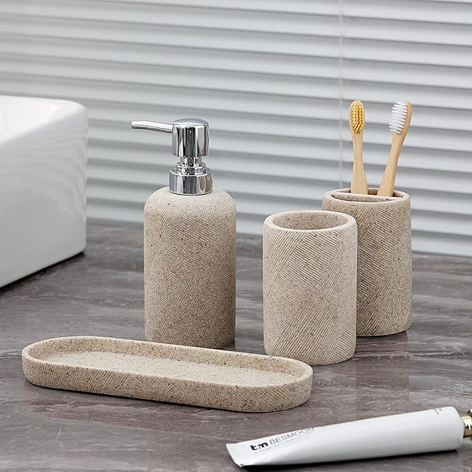 Bathroom Accessories Set, Bathroom Organizer Countertop, Soap Dispenser and Toothbrush Holder, Mouthwash Cup, Tray Set, Vanity Tray for Bathroom, 4 Pieces Modern Decor (Beige)