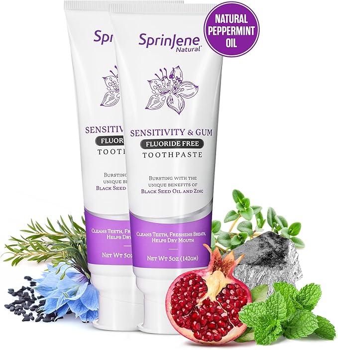 SprinJene Natural Fluoride Free Toothpaste for Sensitive Teeth & Gums – Patented Toothpaste with Black Seed Oil & Zinc – Vegan Dry Mouth Prevention for Fresh Breath – Made in The USA (2 Pack)