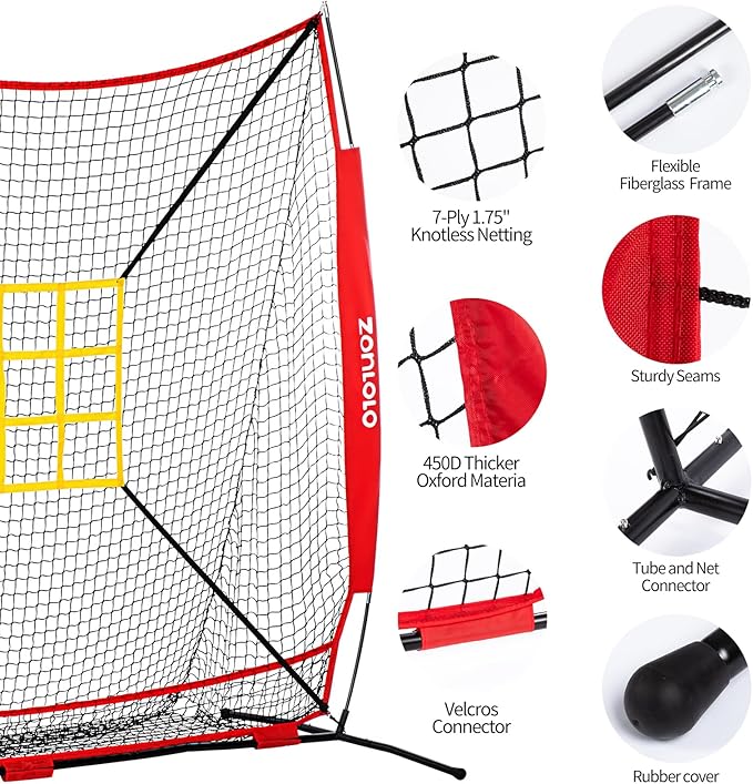 7x7 ft Baseball Net, Pitching & Batting Net with Batting Tee, Designed with Large Ball Collection System, 2 Strike Zones, Carry Bag, Baseball Softball Net for Batting Pitching Hitting and Throwing-StrideForce Fitness