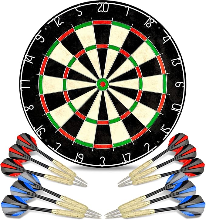 LinkVisions Dartboard with Staple-Free Bullseye, 18g Steel Tip Darts Set,12 Steel Tip Darts 18g, Dartboard Mounting Kits Included-StrideForce Fitness