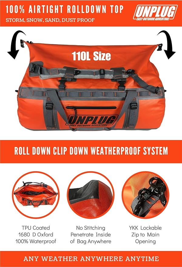 UNPLUG Ultimate Adventure Bag | 1680D Heavy Duty Waterproof Bag | Large Travel Duffle Bag which can be Used for Camping, Motorcycling, Boating, or Hunting-StrideForce Fitness