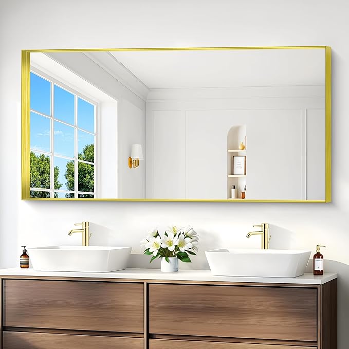 Gold Bathroom Mirror, 30x60 Inch Rectangular Deep Frame Mirror, Large Wall Mounted Bathroom Vanity Mirror Over Sink for Bedroom,Restroom, Living Room, Hangs Vertically or Horizontally-StrideForce Fitness