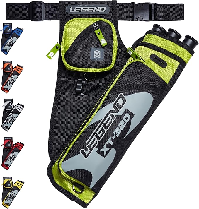LEGEND XT320 Archery Quivers - Nylon Hip Quivers with 3 Arrow Tube Cases for Target Shooting - Adjustable Waist Belt, T-Slot, Storage Compartments for Accessories, Gear, Tools, Release Tab, Score Card-StrideForce Fitness