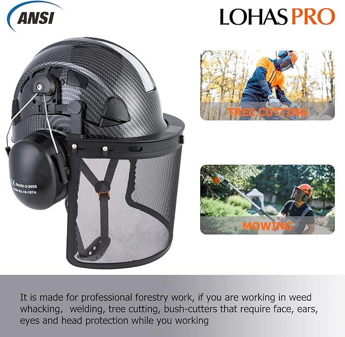 LOHASPRO Forestry Safety Helmet Chainsaw Helmet with Mesh Face Shield and Ear Muffs for Tree Logging Cutting Wood Arborist Helmet (Black Graphite Pattern with Mesh Face Shield+Earmuff)-StrideForce Fitness